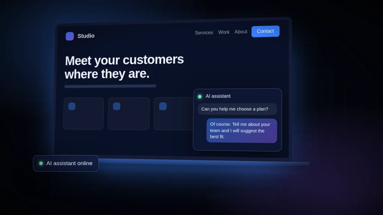 Modern dark website on a laptop with an AI assistant chat widget open
